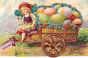 Forgetmenots Prints: Girl with eggs and flowers in a cart on an Easter postcard