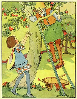 Girl and Farmer picking Apples