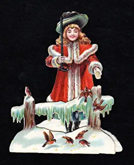 Girl feeding robins on a Victorian Christmas scrap