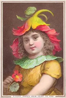 Petals Prints: Girl with flower hat on a New Year card