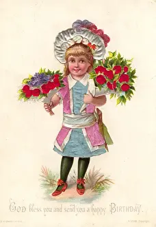 Girl with flowers on a fabric birthday card