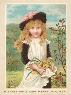 Daffodils Prints: Girl with flowers on a New Year card