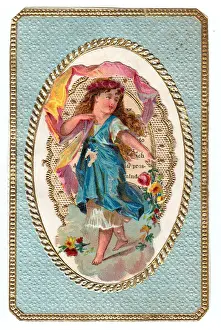 Scatter Prints: Girl with flowers on an ornate greetings card