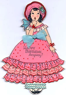 Images Dated 9th July 2018: Girl in a frilly pink dress on a cutout birthday card