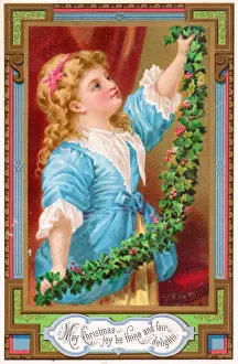 Garlands Prints: Girl with a garland of holly on a Christmas postcard