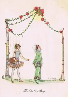 Greetings Prints: Girl giving a boy and apple with caption The Old Old Story