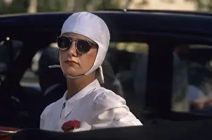 Girl with goggles and white helmet. Horizontal format