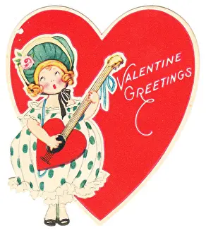 Banjo Prints: Girl with guitar on a heart-shaped Valentine card