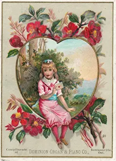 Compliments Prints: Girl with heart and flowers on a Valentine card