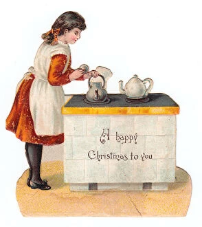 Teatime Collection: Girl with kettle and teapot on a Christmas card