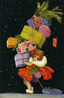 Girl laden with Xmas gifts