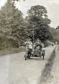Wicker Prints: Girl & lady on a veteran motorcycle & sidecar