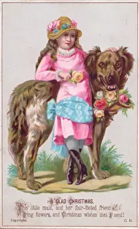 Lean Prints: Girl and large dog with flowers on a Christmas card