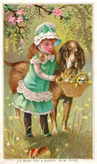 Girl with large dog and flowers on a New Year card