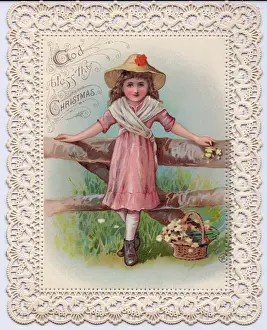 Fretwork Prints: Girl leaning on a fence on a Christmas card