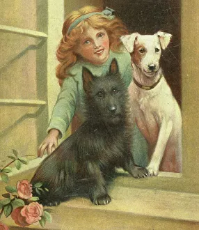 Scottie Prints: Girl looking out of window with Scottie dog and Jack Russell