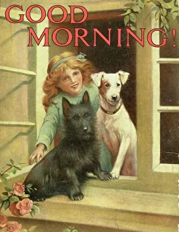 Girl looking out of window with Scottie dog and Jack Russell