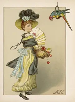 Cherries Prints: Girl with Parrot C1875