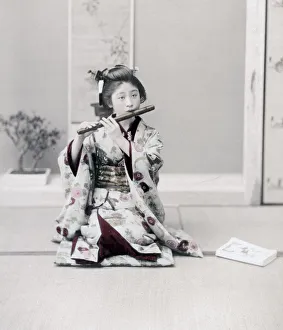 Geisha Prints: Girl playing a flute, Japan, c. 1890