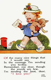 Puppy Collection: Girl posting a letter, by Mabel Lucie Attwell