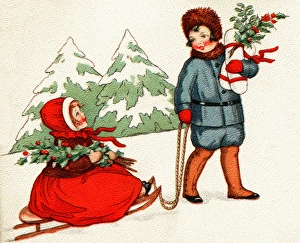 Girl pulled in sledge through the wintry countryside
