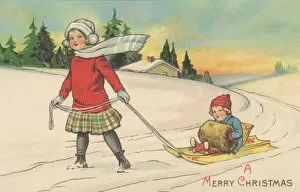 Girl pulling her little brother along on a sledge