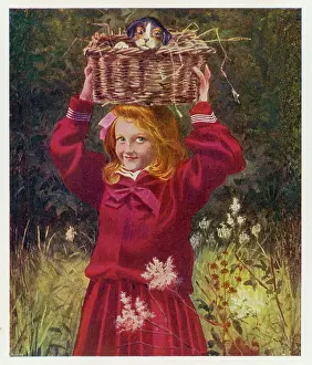 Girl, Puppy, Basket