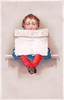Girl reading a newspaper on a greetings postcard