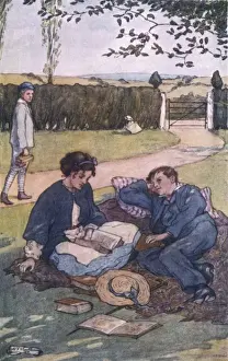 Lazy Prints: Girl Reads to Boy 1911