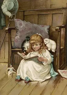 Floor Boards Prints: Girl Reads with Kittens