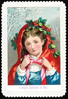 Girl with red cloak and holly on a Christmas card