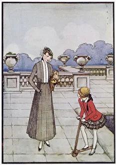 Girl: red jacket with rounded borders, short tartan skirt, spats & staw hat. Woman: grey checked long kilt style skirt with vertical front pockets, short jacket & a tiny hat & veil Date: 1915