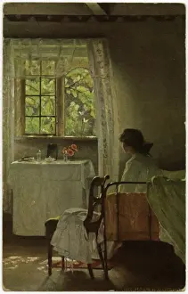 Bedside Prints: Girl seated on her bed awoken by the morning sun