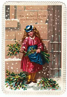 Girl selling holly on a Christmas and New Year card