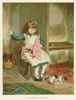 1884 Collection: Girl Sewing / Cat Sleeping