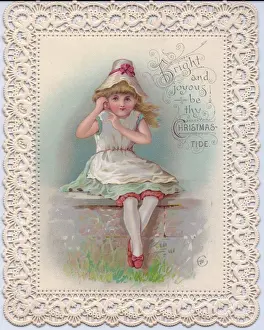 Fretwork Prints: Girl sitting on a wall on a Christmas card