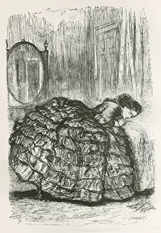 Parsonage Prints: Girl sleeping on bed in crinoline dress by Millais