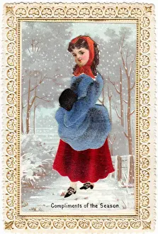 Girl in the snow on a fabric Christmas card