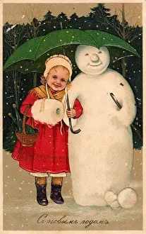 Snowing Prints: Girl with snowman on a Russian Christmas postcard
