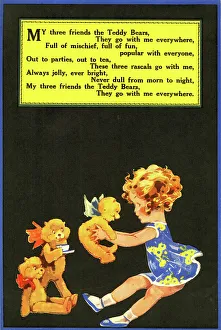 Girl and three teddy bears