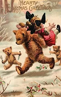 Girl and teddy bears on a Christmas postcard