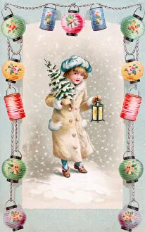 Girl with tree and lantern on a Christmas postcard