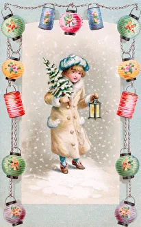 Cold Gallery: Girl with tree and lantern on a Christmas postcard