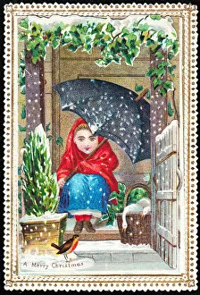 Girl with umbrella and a basket of geese on a Christmas card