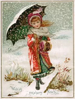 Girl with umbrella in the snow on a New Year card