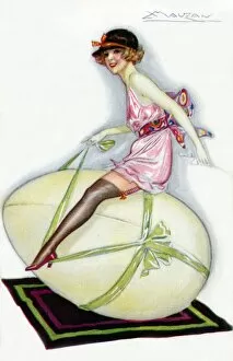 Stockings Gallery: Girl in her underwear riding a large Easter egg
