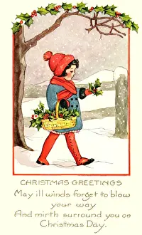 Snowy Prints: Girl walking in the snow with a basket of holly