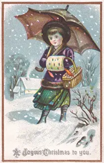 Girl walking through the snow on a Christmas card
