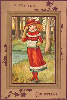 Autumnal Prints: Girl out walking on a windy day on a Christmas card