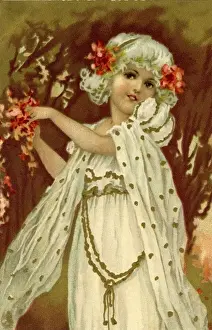 Girl in white and gold, with roses
